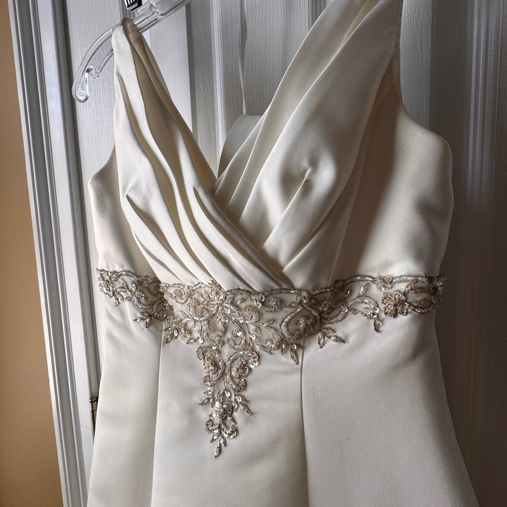 David's Bridal Ivory Beaded Waist A-Line Wedding Dress